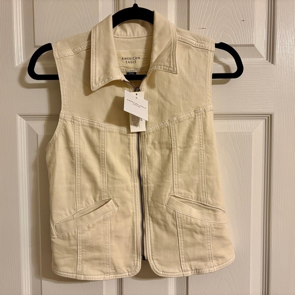 American Eagle Cream Sleeveless Vest Womens XS Biker Cotton Zip Pockets NWT